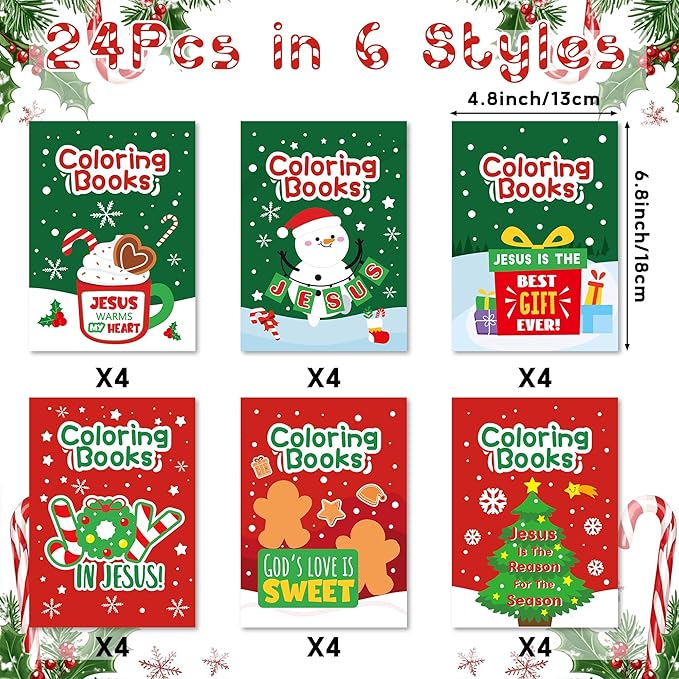 24Pcs Christmas Religious Coloring Books - Christian DIY Color-in Pages Booklet Bulk Drawing Xmas Theme Activity Party Supplies for School Classroom Rewards Holiday Artwork Gift for Kids