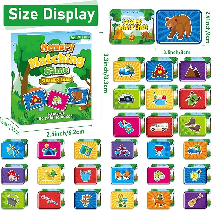 gisgfim 50 Pairs Memory Matching Game for Kids Summer Camp Concentration Games for Preschool Educational Ages 3-8 A Fun & Fast Camp Theme Memory Matching Games