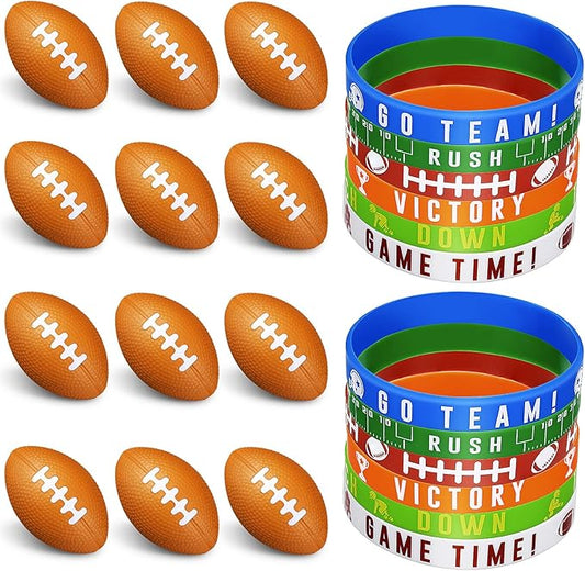 Sumind 24 Pcs Football Party Favors Include Mini Football Sports Stress Balls and Football Silicone Bracelets Rugby Silicone Wristbands for Football Themed Birthday Party Reward