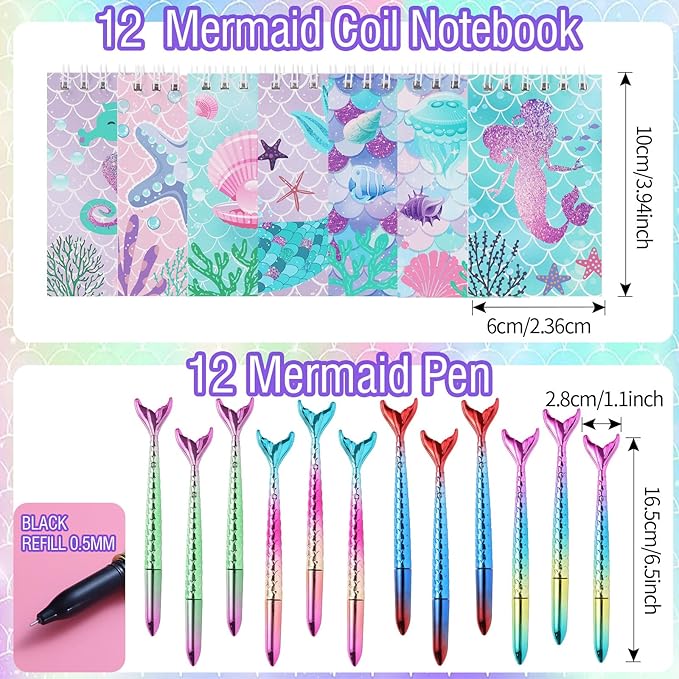 110 PCS Mermaid Party Favors for Girls Mermaid Birthday Decorations Party Supplies Include 12 Pen 12 Notepad 12 Shiny Metallic Scrunchies 12 Slap Bracelet 12 Gift Bag 50 Mermaid Sticker (Mermaid)