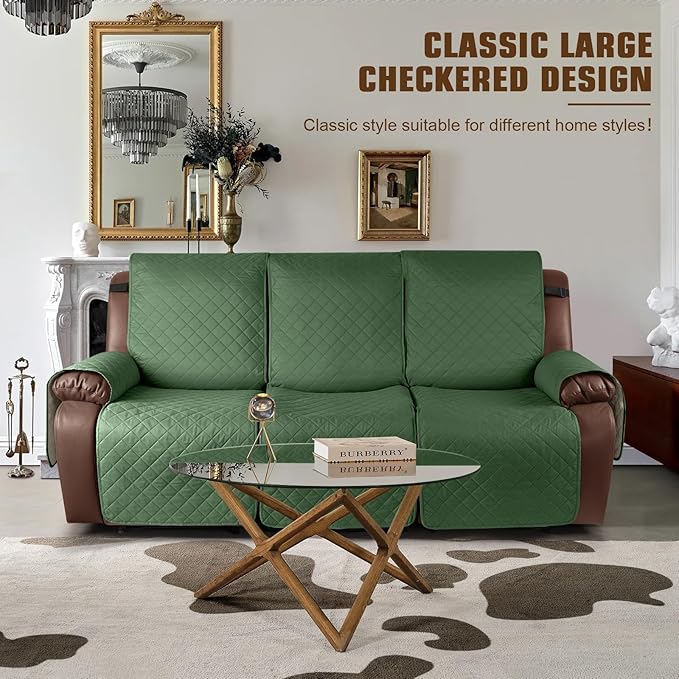 KinCam Waterproof Recliner Sofa Cover, Non-Slip Reclining Couch Covers for 3 Seat, Recliner Couch Cover Furniture Protector with Elastic Straps for Pets, Kids, Vine Green