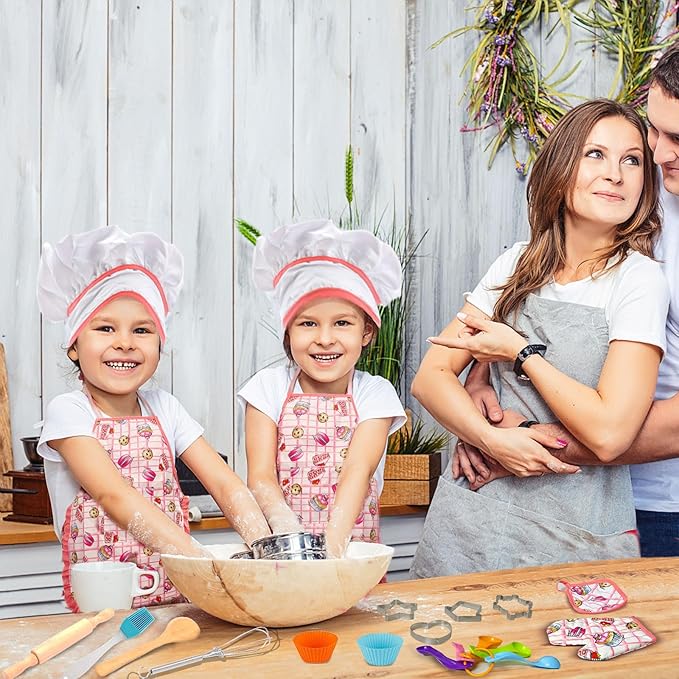 Real Kids Cooking and Baking Set - 24 Pcs Kids Chef Role Play Costume Set Includes Cake Apron, Chef Hat, Cooking Mitt, Utensils, Cupcake Molds for Toddler Boys and Girls Ages 3+