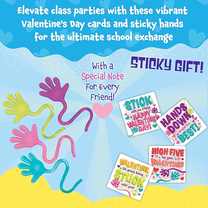 Peaceable Kingdom Valentines Cards for Kids Classroom, Set of 28 Valentines Day Gifts - Sticky Hands