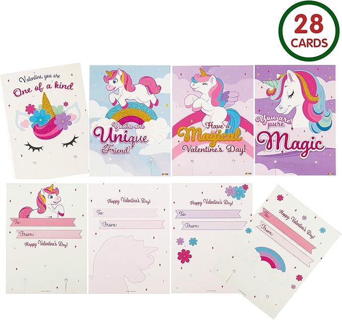 JOYIN 28 Packs Valentine‘s Day Unicorn Bracelets with Cards for Kids, Gift Cards Bracelets Party Favors for Kids Girls Valentine Classroom Exchange Day Gifts