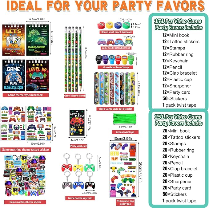 171 Pcs Video Game Party Favors Set Includes Gift Bags Pencils Notebook Sharpener Slap Bracelets Rings Keychains Tattoo Gaming Stickers Stamper Gamer Party Favors for Kids Gamer Birthday
