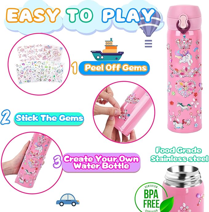 YOFUN Decorate Your Own Water Bottle with 11 Sheets of Unicorn Stickers & Glitter Gems, Craft Kit & Art Kit for Children, Gift for Girls Age 4 5 6 7 8 9 10 Years Old Kids, BPA Free Insulated (Pink)