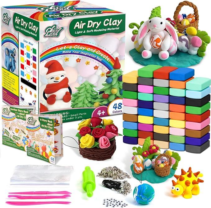 Chico Land Clay Kit - 48 Colors Air Dry Clay, Gift for Boys & Girls Age 4+ Year Old, DIY Model Modeling Clay kit for Kids, with Sculpting Tools, Decoration Accessories, Kids Art Crafts