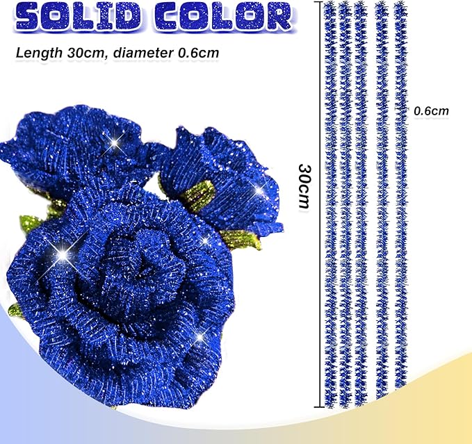 TOAOB 100pcs Christmas Glitter Pipe Cleaners Blue Metallic Pipe Cleaners Craft Supplies 6mm x 12 Inch Chenille Stems Pipe Cleaners for Art DIY Crafts Decorations