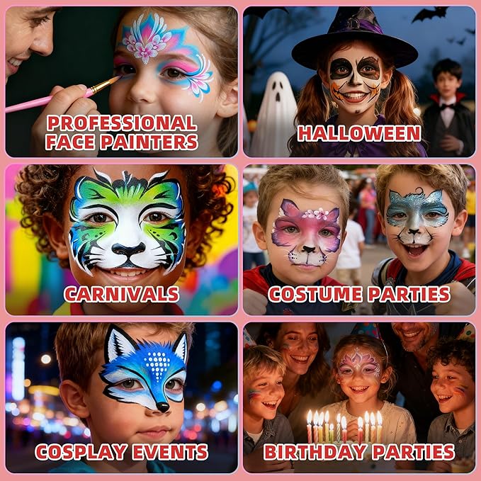 WUO Professional Face Painting Kit for Kids Adults, 12x10g Split Cake Palette with Stencils Sponge, Non-Toxic Water-Activated Rainbow Body Face Paint Makeup for Halloween Christmas & Costume Partie