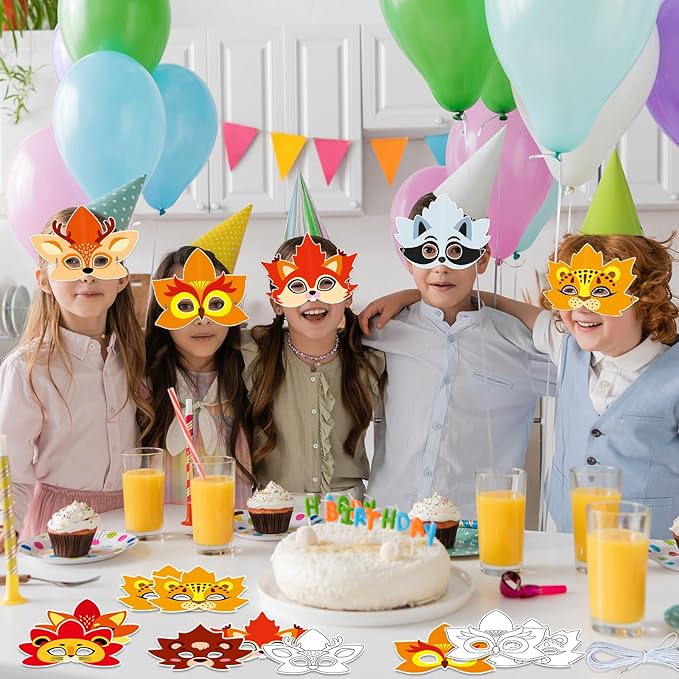 36 Set Fall Thanksgiving Animal Coloring Mask Paper Art Craft Kids Color Your Own Animals Blank DIY Mask Masquerade Birthday Party Dress-Up Decoration Favor School Classroom Activity Game Supplies