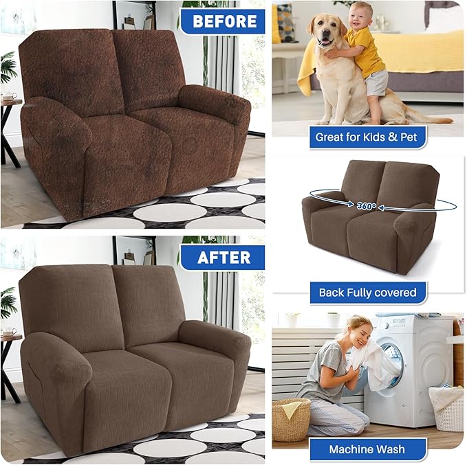 MAXIJIN Waterproof Loveseat Recliner Cover 4 Pieces Reclining Love Seat Slipcvers, Recliner Sofa Cover 2 Seater with Elastic Straps & Pockets for Pet, Kids (Loveseat Recliner, Light Coffee)