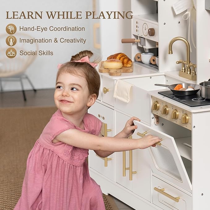 ROBOTIME Wooden Play Kitchen for Toddlers and Kids, Toy Kitchen Set with Ice Maker and Coffee Machine, Realistic Toddler Kitchen Set, Gift for Girls Boys Ages 3+ White