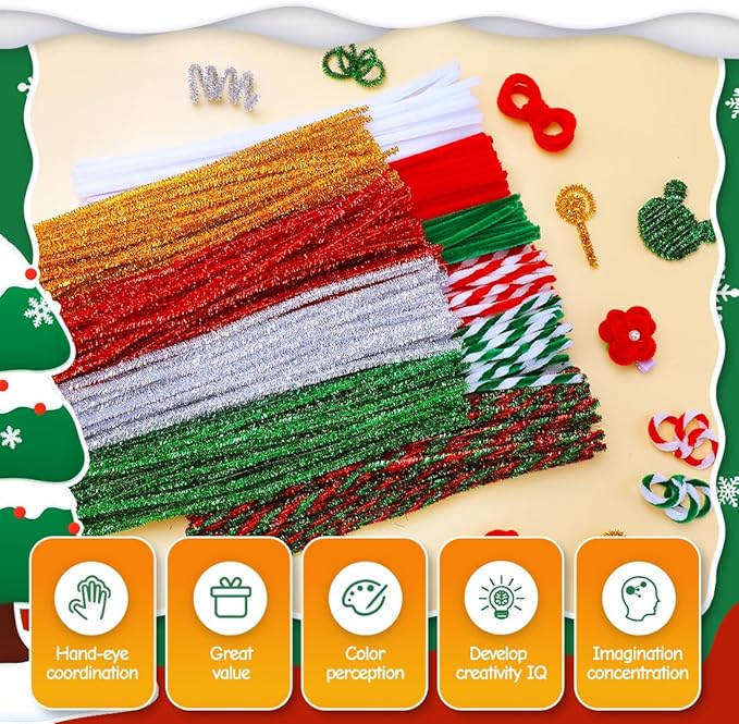 180pcs Christmas Pipe Cleaners, Pipe Cleaners for Crafts, Craft Supplies Multicolor Chenille Stems for Art&Craft Christmas DIY Projects(10colors,Christmas)