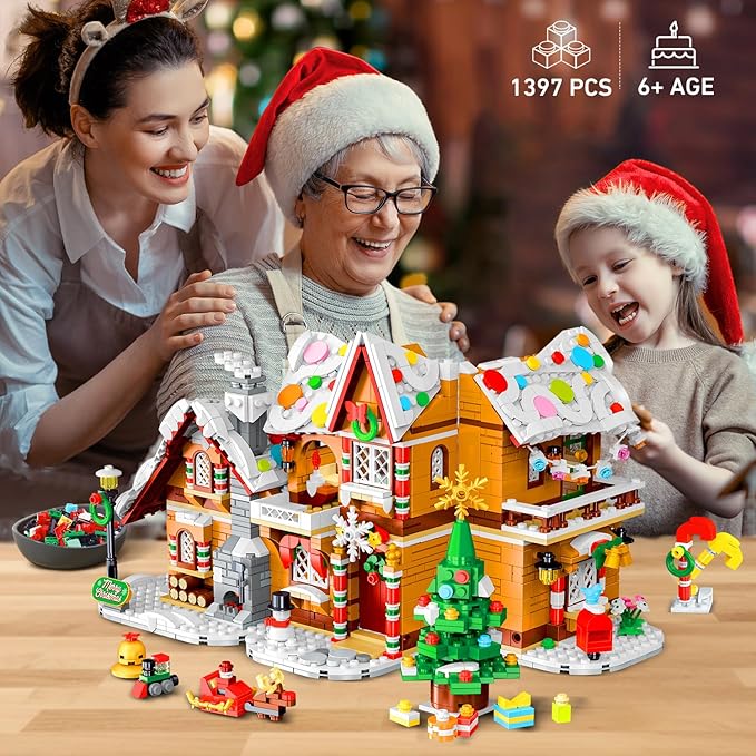 3 Style Christmas Gingerbread House Building Set with LED Light - 2024 Snowscape Village House Building Block Toy with Santa Claus Xmas Tree Train Gifts for Adults Kids Girls Boys Ages 8+ (1397 PCS)