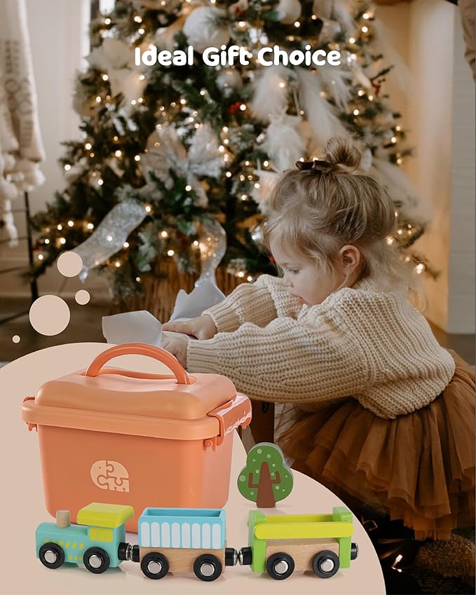 Wooden Train Track Set - 48-Piece Toy Train Tracks Compatible with Thomas, Brio, Melissa & Doug - Includes Fishing and Puzzles for Toddlers 3-8 - Educational for Fun Playtime