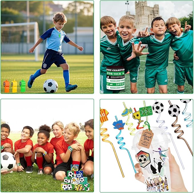 Soccer Party Favors 184 Pcs Soccer Birthday Party Decoration With Cups Straws Slap Bracelets Whistles Wristbands Keychains Stickers Thank you Tags for Sports Party Supplies (Soccer)