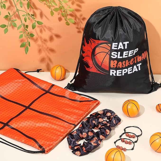 Yungyan 48 Pcs Basketball Party Favors Set Basketball Goodie Bags 24oz Basketball Cups with Lids Sport Drawstring Bags Basketball Hair Ties Bracelets for Team Gifts Basketball Party Supplies