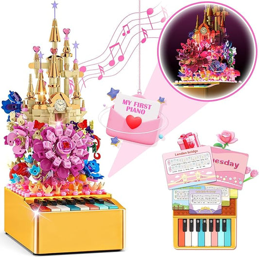 Flowers Castle Building Sets with Piano Keyboard for Kids and Adults, 771PCS Light Up Botanical Building Blocks Musical STEM Toys, Carnival Birthday Gifts for Girls and Boys Aged 6-12+