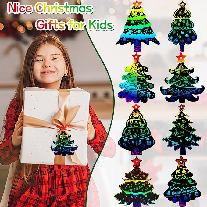 JULMELON 36 PCS Christmas Scratch Art, Christmas Crafts for Kids Magic Rainbow Scratch Paper Cards Christmas Tree Hanging Ornaments Decorations DIY Winter Holiday Party Favors