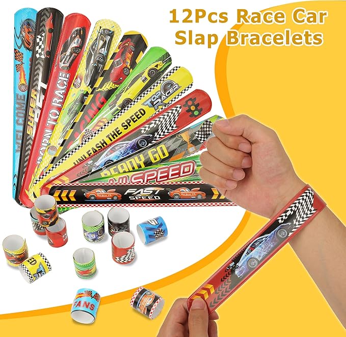 108PCS Race Car Party Favors Birthday Party Supplies includes Pull Back Car Finger Light Scratch Art Bookmark Slap Bracelet Race Car Themed Decorations Treasure Prize Box Toys for Boys Girls