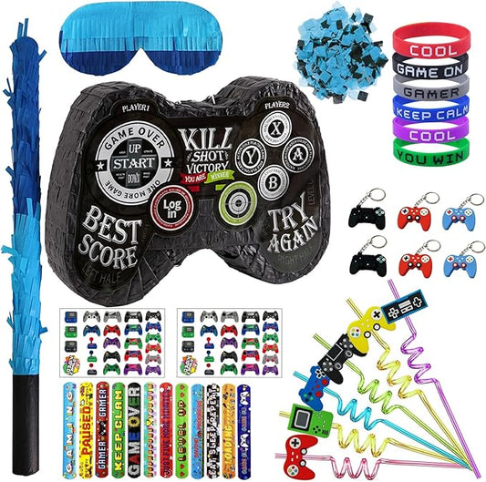 Video Game Pinata Set Video Game Party Favors Supplies for Boy Kids Gamer Party Game Controller Pinata with Straws Bracelets Stickers Keychain Confetti Tools for Party Decoration (Black)