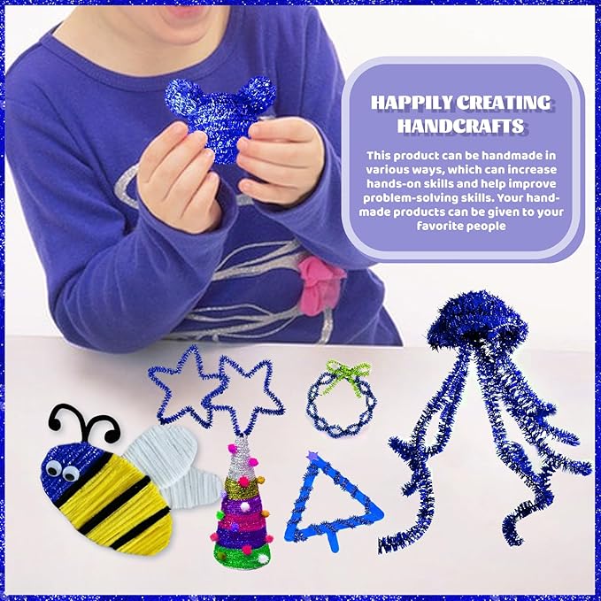 TOAOB 100pcs Christmas Glitter Pipe Cleaners Blue Metallic Pipe Cleaners Craft Supplies 6mm x 12 Inch Chenille Stems Pipe Cleaners for Art DIY Crafts Decorations