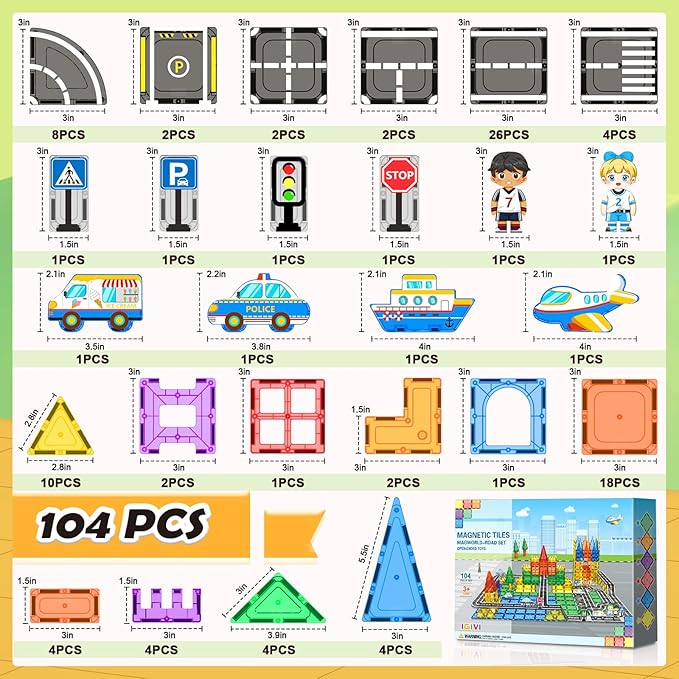104 PCS Magnetic Tiles Road Set, STEM Magnet Building Blocks for Kids Toddler Toys Games, Christmas Birthday Gifts for 3+ Year Old Boys Girls, Car Enthusiasts and Classroom Must Haves
