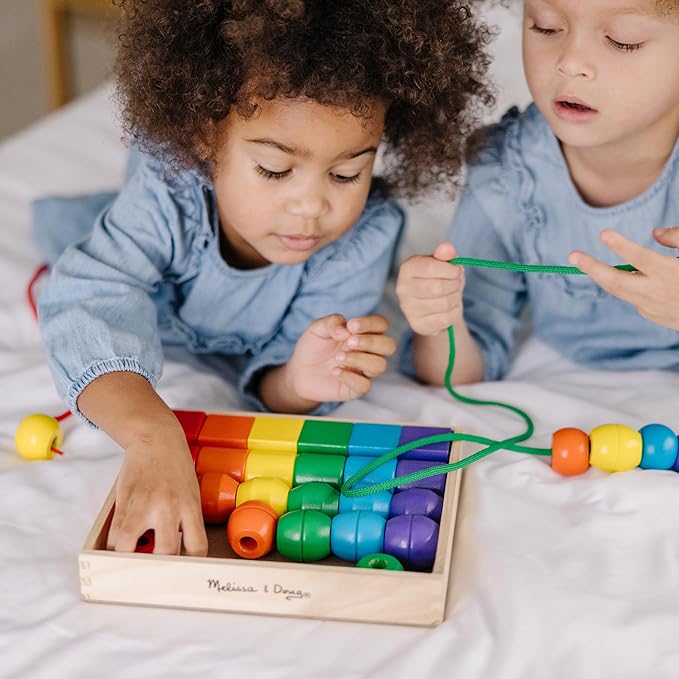 Melissa & Doug Primary Lacing Beads - Educational Toy With 30 Wooden Beads and 2 Laces For Toddlers, Fine Motor Skills Lacing Toys For Toddlers And Kids Ages 3+