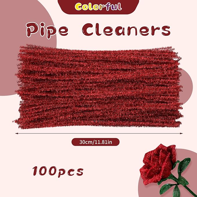 100Pcs Pipe Cleaners Craft, Glitter Pipe Cleaners Crafting Creative DIY Hand Craft Supplies for Festivals Decorations, Pipe Cleaners in Glitter Red