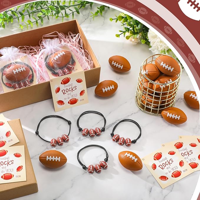 36 Sets Valentine's Day Football Gifts Mini Football Stress Balls Football Bracelets with Football Valentines Cards Football Team Gifts Party Favors for Valentine's Day Carnival Birthday