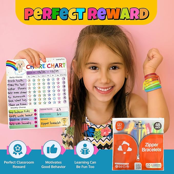 UpBrands 48 Prizes for Kids Zipper Bracelets 7 ½”, Fidget Party Favors for Kids, Sensory Toys Bulk Set, Neon Colors, Birthday Kit, Easter Egg, Treat Bags & Pinata Fillers