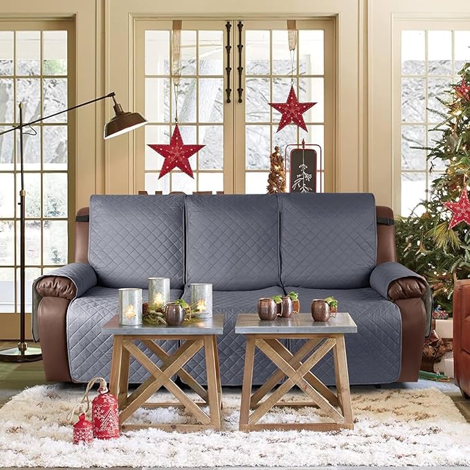 KinCam Waterproof Recliner Sofa Cover, Non-Slip Reclining Couch Covers for 3 Seat, Recliner Couch Cover Furniture Protector with Elastic Straps for Pets, Kids, Dark Gray