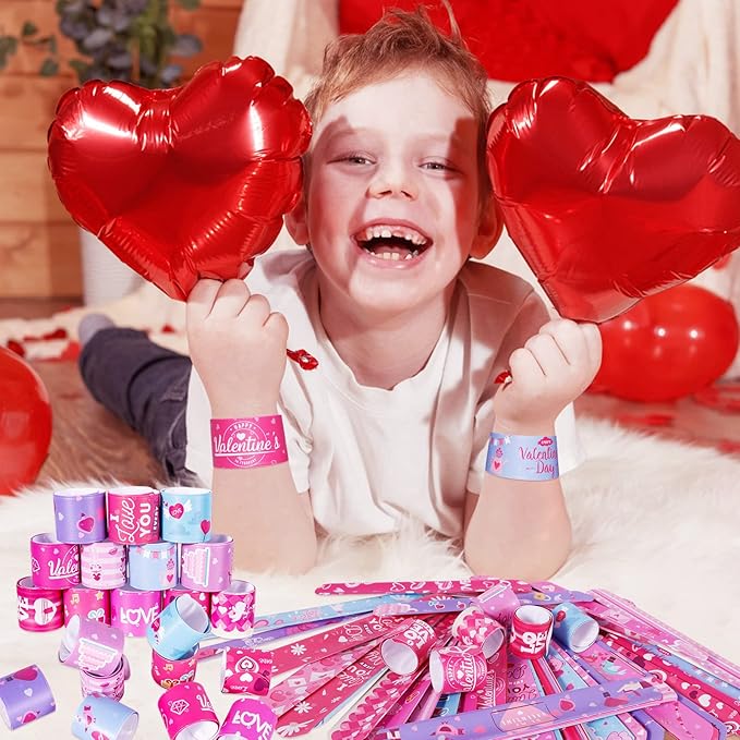 72 Pcs Valentines Day Slap Bracelets Wristbands Toys for Valentines Day Party Supplies Gifts for Kids Students Teens Adults Birthday Giveaways and Game Prizes School Supplies