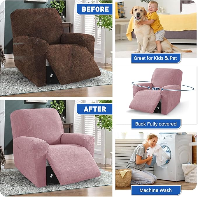 MAXIJIN Waterproof Recliner Covers for Large Recliner 3 Pieces Oversized Recliner Chair Covers, Washable Lazy Boy Reclining Slipcovers with Pockets for Pet, Kids (XL Recliner, Dusty Pink)