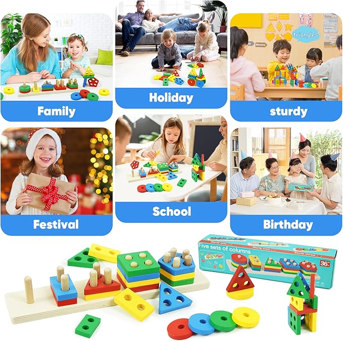 Shape Puzzles Wooden Puzzles for Toddlers 1-3, Color Shape Sorter Stacking Matching Sensory Toys Educational Learning Puzzle Toys for Boys Girls Preschool Birthday, Multicolor