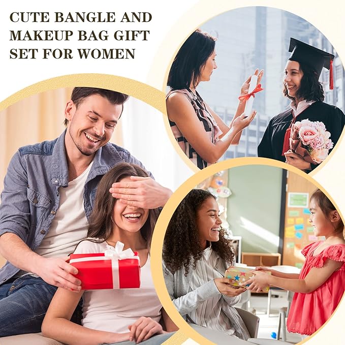 8 Pcs Teacher Appreciation Gift Set for Women, 4 Teacher Makeup Pouch Cosmetic Bags and 4 Bangle Bracelets, Christmas Valentines Thank You Gifts for Teacher (Best Teacher Ever)