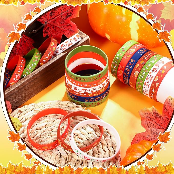 Wettarn 60 Pcs Fall Party Favors Bracelets Thanksgiving Silicone Wristbands Autumn Harvest Pumpkin Maple Leaf Bracelets for Party Supplies Festival Prizes Gifts