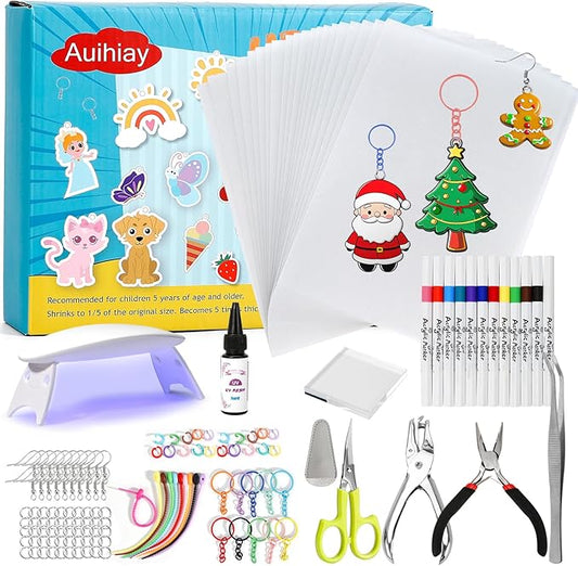 Auihiay Shrink Plastic Sheet Kit, Include UV Resin, UV Lamp, 20PCS Shrink Papers and Rich DIY Tools for Crafts Kids DIY Jewelry Making, Key Chains Earrings and DIY Christmas Ornaments