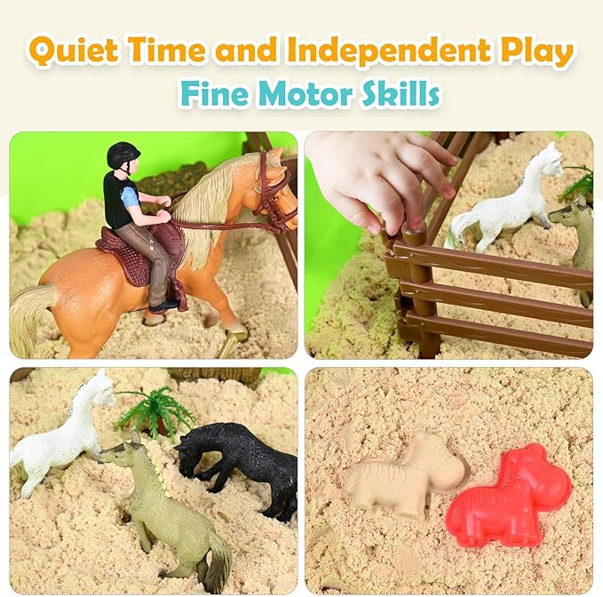 Sensory Bin - Horse Stable Playset Play Sand for Kids,Sandbox with Cover, 1.7 LB Magnetic Sand,Tractor and Stable, Rider and Horse,Rock Painting Kit,Sensory Toys for Autism 3 4 5 6 7 8 Year and Up
