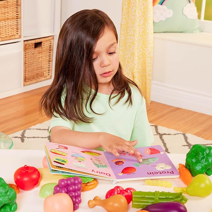 B. toys- Foodie Fun- Pretend Play Food & Board Book Set – 32 Pieces of Play Food – Educational Book for Toddlers – Storage Bucket with Lid – 2 Years +