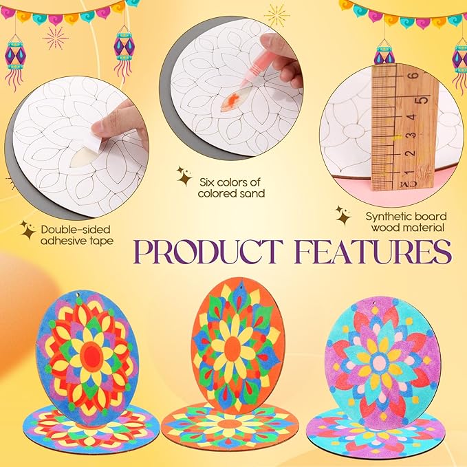 12 Pcs 7 Inch Wooden Mandala Sand Arts Rangoli Mandala Sand Art with 6 Colorful Sand Art Mandala DIY Coloring Kit for Indian Festivals Gifts Diwali Party Decor Supplies