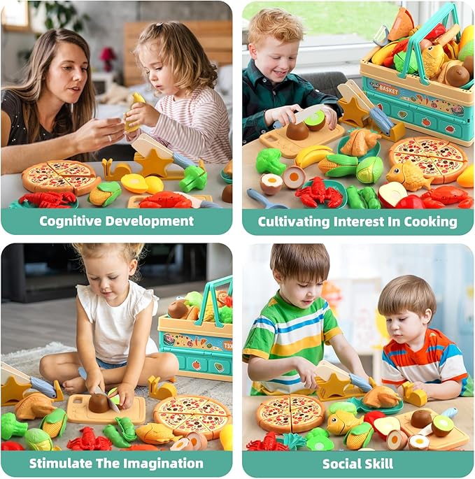 Cutting Play Food Toy for Kids - Pretend Fruit & Vegetable Accessories with Foldable Shopping Storage Basket Play Kitchen Toys with Dishes Knives Learning Toy for Toddler Toys Birthday Gift