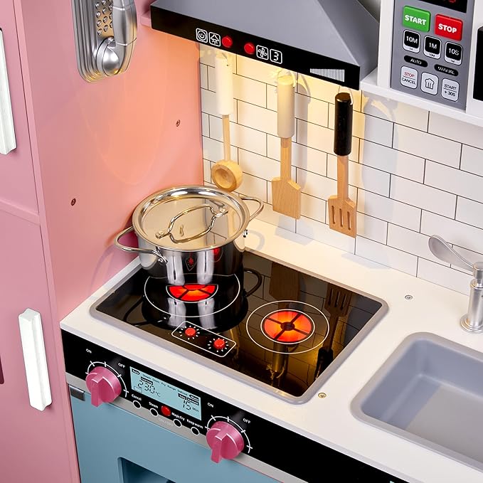 Lil’ Jumbl Kids Colorful Kitchen Set, Pretend Wooden Play Kitchen, Battery Operated Icemaker, Microwave, Range Hood, Stove Top, Oven, with Realistic Sound & Lights, Pots, Pan, & Utensils Included