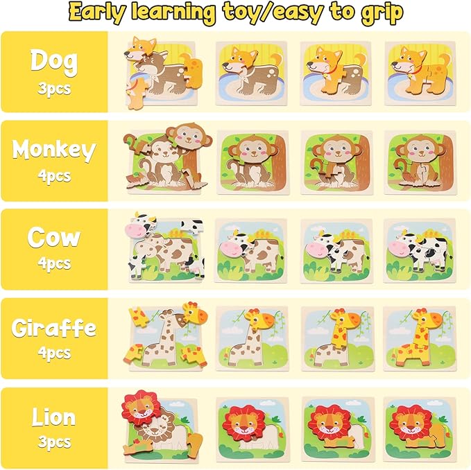 Wooden Toddler Puzzles for 1,2,3 Years, 5-Pack Animal Shape Puzzles for Kids 2-4, Montessori Educational Learning Toy Birthday Gifts for Boys and Girls