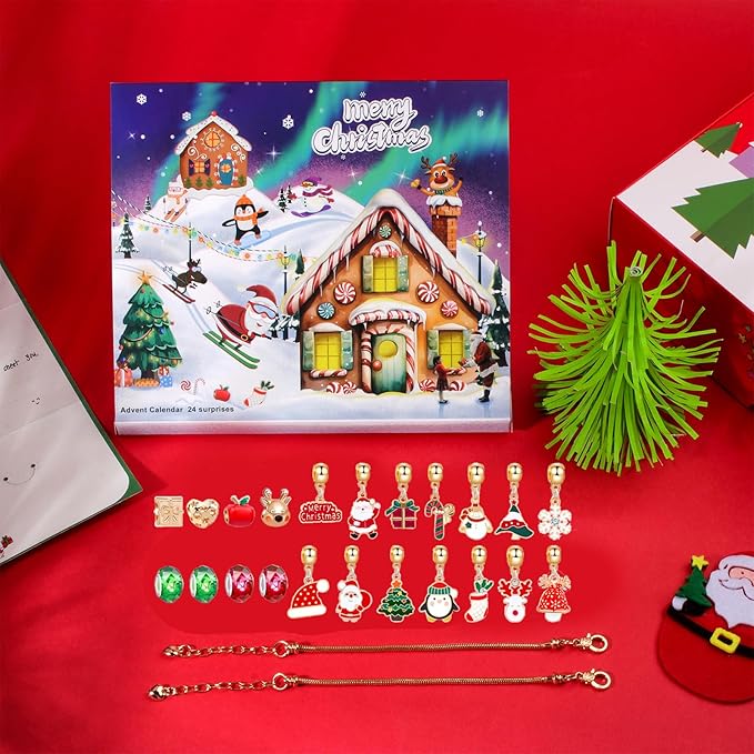 2024 Christmas Advent Countdown Calendar,Charm Bracelet DIY Making Kit 24 Days Surprise Gifts,Jewelry Making Supplies Beads for Teen Girls 4-12,Craft Toys Gifts Set with a Gift Box Gift