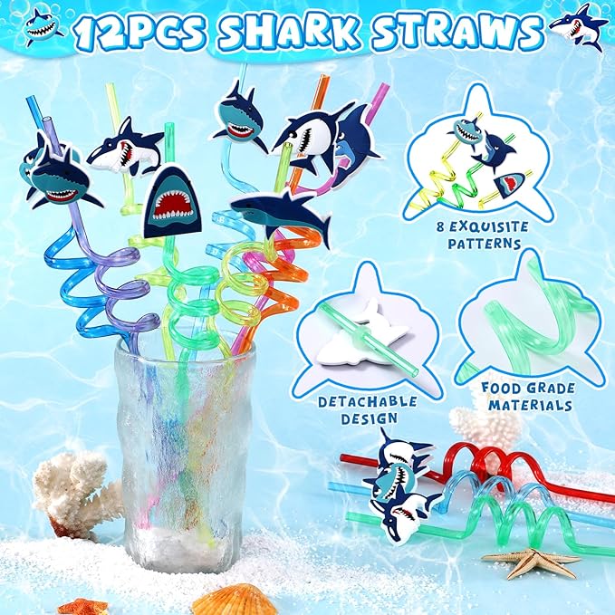 110Pcs Shark Party Favors Birthday Supplies, Straws Bubble Wands Slap Bracelet Keychain Tattoo Sticker Toy Gift Baby Kids Boys Shark Valentines Goodie Bag Stuffer Ocean Under the Sea Party Favors