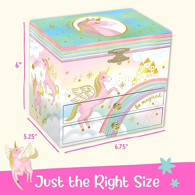 Musical Unicorn Jewelry Box for Girls - Kids Music Box with Spinning Unicorn, Unicorn Birthday Gifts for Little Girls, Jewelry Boxes, 6.8 x 5.3 x 6 in - Ages 3-10