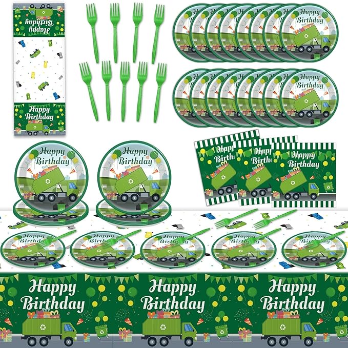 gisgfim Garbage Truck Birthday Party Supplies Trash Trucks Birthday Party Tableware Includes Party Plates Napkins Fork and Garbage Truck Theme Tablecloth for Birthday Parties Decorations Set Serve 20