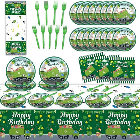 gisgfim Garbage Truck Birthday Party Supplies Trash Trucks Birthday Party Tableware Includes Party Plates Napkins Fork and Garbage Truck Theme Tablecloth for Birthday Parties Decorations Set Serve 20