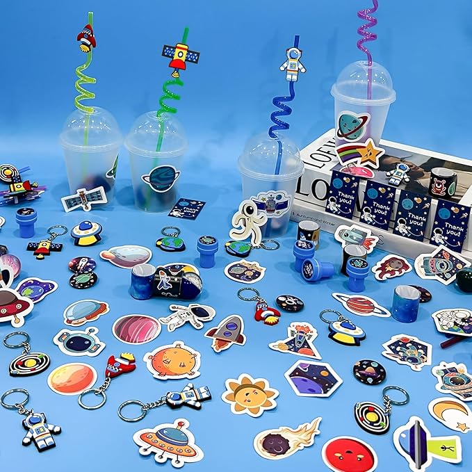 LiYiQ 161 Pcs Space Party Favors with Cup Straws Stress Ball Space Pins Slap Bracelets Keychains Stamps Stickers Twist Ties and Gift Card for Kids Space Birthday Party Supplies (style 1)